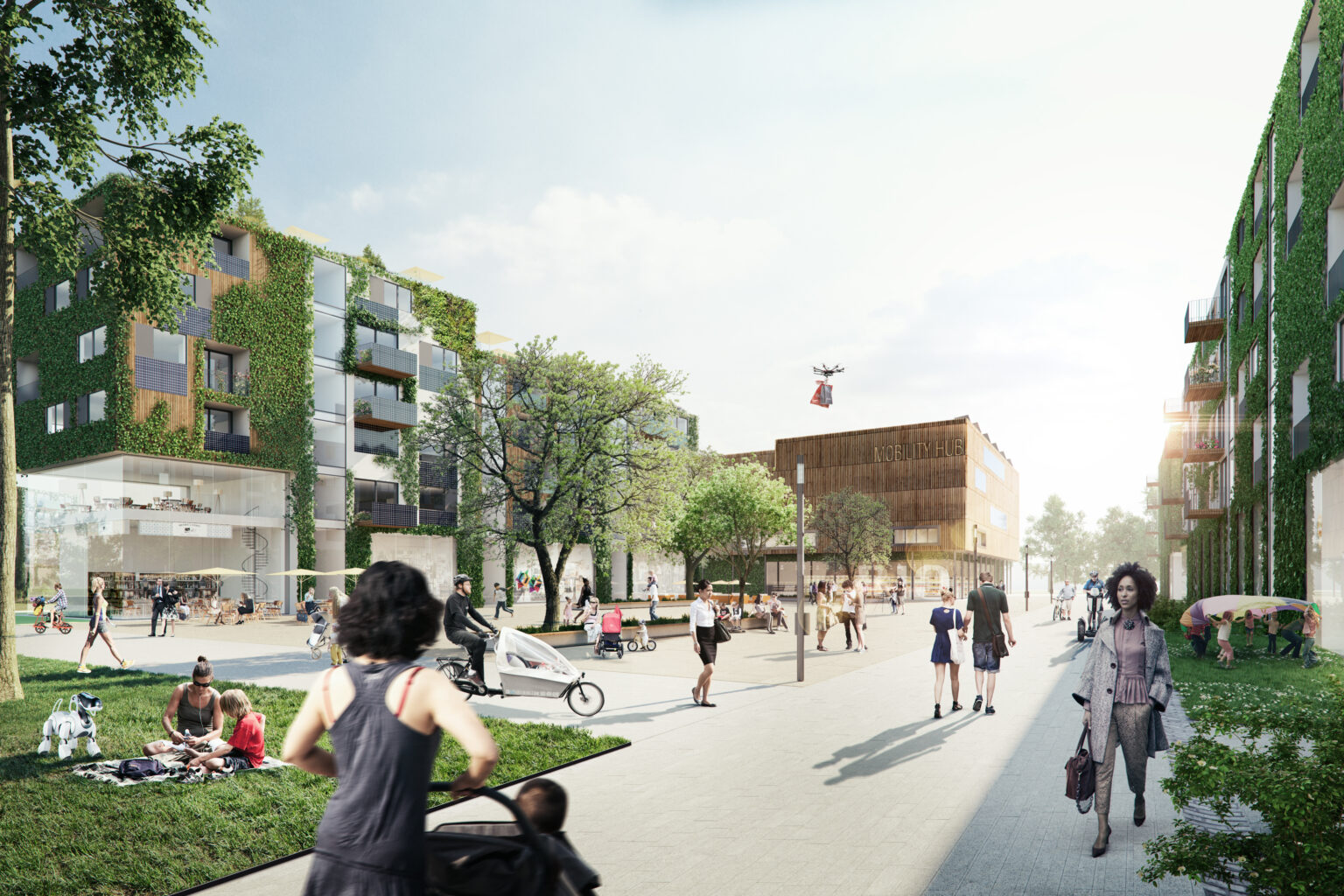 Visualisierung des Schumacher Quartiers mit vielen Leuten, die sich draußen aufhalten.